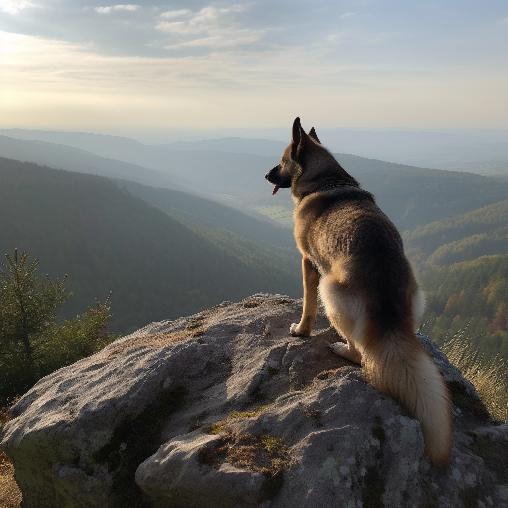 GPT-4 + Midjourney V5 - фотографии собачек: собака стоит на краю горы 